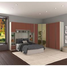 Guarda Roupa Canto Casal com Vidro Reflecta Legno Crema com Gaia Prime Luciane Móveis