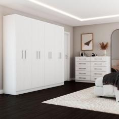 Quarto de Casal Ele e Ela Guarda-Roupa 8 Portas e 8 Prateleiras Cômoda 10 Gavetas Branco - Panorama Móveis