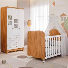 Quarto de Bebê Completo Uli com Guarda Roupa 3 Portas 3 Gavetas e Berço Americano 100% MDF Móveis Peroba