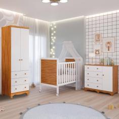 Quarto de Bebê Completo Berço Americano Cloe 2 em 1 Guarda Roupas 2 Portas Cômoda Junior 100% MDF