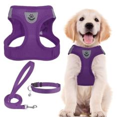 PUPTECK Conjunto de coleira e coleira ajustável para cães, sem puxão, para cães pequenos, médios e gatos, caminhada ao ar livre, corrida, colete refletivo acolchoado de malha macia