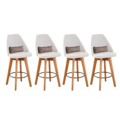 Kit 04 Banquetas Alta Maya Giratória Com Encosto Gourmet Linho Bege e Almofada Suede Bege - Aurora Line