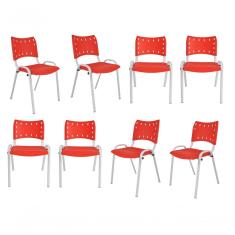 Kit 8 Cadeiras Iso Para Escola Escritório Comércio Vermelha Base Branca