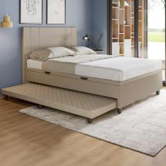 Base Cama Baú Casal Com Cama Auxiliar C/colchão Conjugado Linho - Skybox Cor Bege