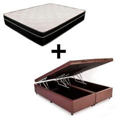 Cama Box Baú Queen 158 Bipartido - Tecido Sintético Marrom Com Colchão Paris De Molas Ensacadas - Bello Box - 26x158x193