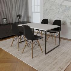 Mesa Industrial Base De Ferro Preto Tampo 137X90 Branco 4 Cadeiras Madeira Assento Preto Branco