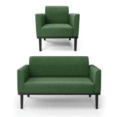 Sofá Namoradeira com Poltrona Base de Madeira Fixa Preto Marisa Suede Verde - D`Rossi