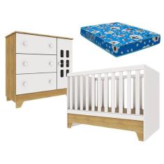 Berço Americano Mini Cama e Cômoda Infantil Malu Branco Acetinado Bétula com Colchão Ortobom - Carolina