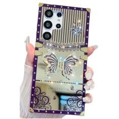 Kwhapoo Linda capa feminina compatível com Samsung Galaxy S24 Ultra 17.3 cm Stand Girly, Bling Glitter Lace Diamond Butterfly Kickstand Case, capas de silicone macio à prova de choque para mulheres