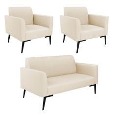 Sofá Namoradeira Com 2 Poltronas Pés Villach Marisa Linho Bege A19 D03 - D`rossi