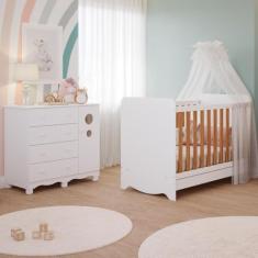 Quarto de Bebê Completo Berço Americano Ben 3 em 1 Cômoda 1 Porta 3 Gavetas 100% MDF Bolinha