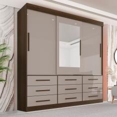 Guarda Roupa Casal 3 Portas 9 Gavetas com Espelho Luana Savana/Off