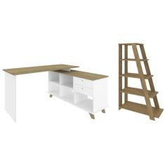 Mesa Escrivaninha em L Golden e Estante Livreiro Stela A06 Olmo/Branco - Mpozenato