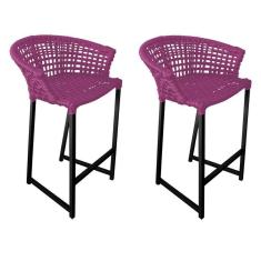 Kit 2 Banquetas Reis Em Corda Náutica E Base Em Alumínio Preta Para área Gourmet Externa Rosa Rosa