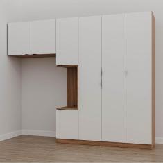 Guarda Roupa Modulado de Solteiro com Mesa de Cabeceira Direita 7 Portas 3 Peças Hera Cabecasa Madei Louro/Branco Geada/Preto