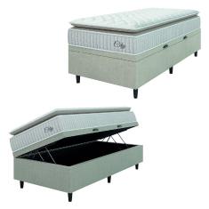 Cama Box Baú Colchão Solteiro Molas Ensacadas City Pillow Top 88x188x64cm Branco / Bege Hellen - Suporta até 110kg por Pessoa