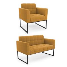 Sofá Namoradeira e Poltrona Industrial Preto Elisa Bouclê Mostarda D03 - D`Rossi