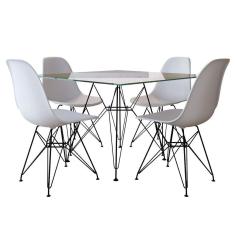 Mesa De Jantar Quadrada Vidro 90Cm Com 4 Cadeiras Brancas Base Ferro Preto Cor: Preto
