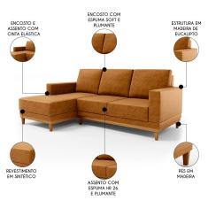 Sofá 3 Lugares 200cm Living Com Chaise Esquerdo Kayrós D05 Sintético Whisky - Mpozenato