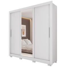 Guarda Roupas Casal com Espelho 3 Portas de Correr 2 Gavetas Vitória Branco Caemmun