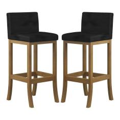 Kit 2 Banquetas Alta Encosto Estofado 38x100 Cm Ilha Espanha Madeira Maciça Amêndoa Suede Preto CCS