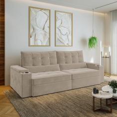 Sofá Retrátil e Reclinável com Porta Copos e Usb 4 Lugares 270cm Embaúba Extra Cabecasa Madeiramadei Bege Fosco