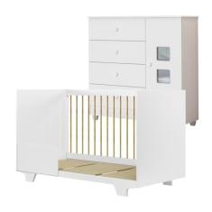 Quarto de Bebê com Berço Mini Cama 100% Mdf Flocos e Cômoda de Bebê 100% Mdf 1 Porta 4 Gavetas Life Branco
