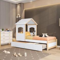 Bicama Infantil Solteiro Casinha Madeira Maciça e Mdf Casatema Branca/natural