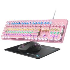 Teclado e mouse mecânicos para jogos de máquina de escrever, painel de metal retrô com botão redondo, interruptor azul, retroiluminado por LED arco-íris 104 teclas, mouse e pad antirfantasma para PC