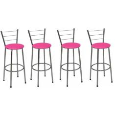 Kit 4 Banquetas Altas Cromada com Encosto Assento Rosa - Jaddi