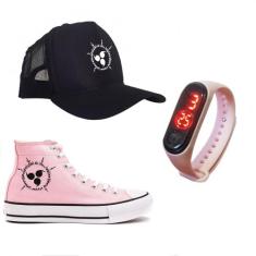 Tênis Star Boné E Relógio Kit Do Naruto Selo - Milene Store, Rosa, 30