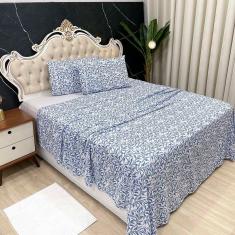 Jogo De Cama Lençol Casal Colonial Percal 300 Fios 4 Peças - Azul - 100% Poliéster