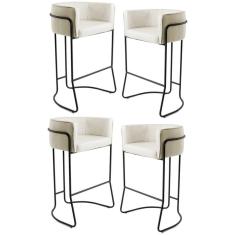 Kit 4 Banquetas Decorativas Base Aço Preto Betina C-107 Linho Bege Cru - Domi