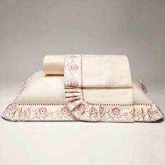 Jogo Cama Lençol Yasmin Casal Queen 04 Peças Bordado Algodão 180 Fios - Palha Floral