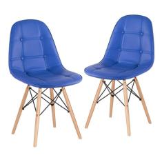 Kit - 2 X Cadeiras Estofadas Eames Eiffel Botonê - Base De Madeira Clara - Azul