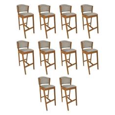 Kit 10 Banquetas Alta De Madeira Maciça Cerejeira Premium Ana Com Encosto Linho Bege - Cor: Bege