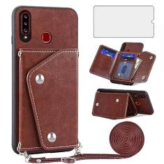 Asuwish Capa de telefone para Samsung Galaxy A20s capa carteira com protetor de tela de vidro temperado e suporte para cartão de crédito alça transversal acessórios de celular de couro A 20s Plus