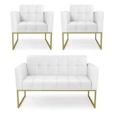 Kit 1 Sofá Namoradeira E 2 Poltronas Elisa Corino Base Metálica Industrial Dourado - D`rossi Cor Branco