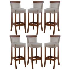 Kit 6 Banquetas Alta em Madeira Diamantina Estofada Linho Bege M58 RMI