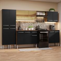 Armário de Cozinha Completa Emilly 13 Portas 1 Gaveta MDF 293cm Rustic Preto com Puxador em Alumínio