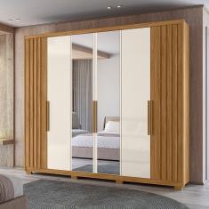 Guarda Roupa Roupeiro 06 Portas 04 Gavetas c/Espelho Araguaia Freijó Ripado Off White Flex Moval