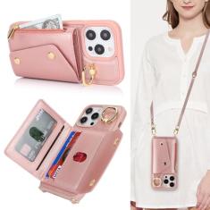 Lipvina Capa para iPhone 14 Pro Max com suporte para cartão e alça - Bolso com zíper, alça transversal, suporte para cartão de crédito, anel de suporte, linda capa carteira de telefone para mulheres