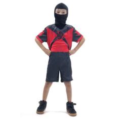 Fantasia Ninja Preto e Vermelho Curto Infantil com Capuz - Sulamerican