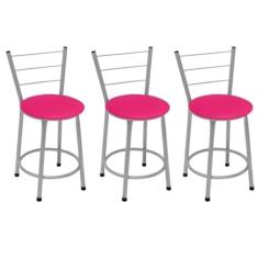 Kit 3 Banquetas Baixas Prata com Encosto Assento Rosa - Fortmix