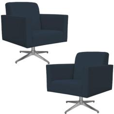 Kit 02 Poltronas Decorativas Base Giratória Para Sala de Estar Helô L02 Suede Azul Marinho - Lyam Decor
