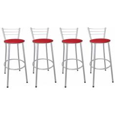 Kit 4 Banquetas Altas Prata com Encosto Assento Vermelho