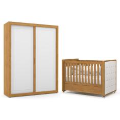 Jogo de Quarto Infantil Tutto New Guarda Roupa 2 Portas e Berço com Capitonê - Matic Móveis Freijó/Branco Soft