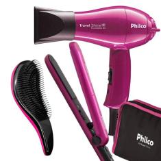 kit Mini Secador De Cabelo Philco 1000w Pequeno Dobrável Prancha Cerâm
