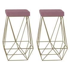 Kit 2 Banqueta Decorativa Kathy Base Gold Veludo Rosê - Gran Belo
