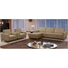 Kit Sofá 3 Lugares 2,10m com Chaise Esquerdo e 2 Poltronas Living Lavinia Linho Bege Adonai Estofados